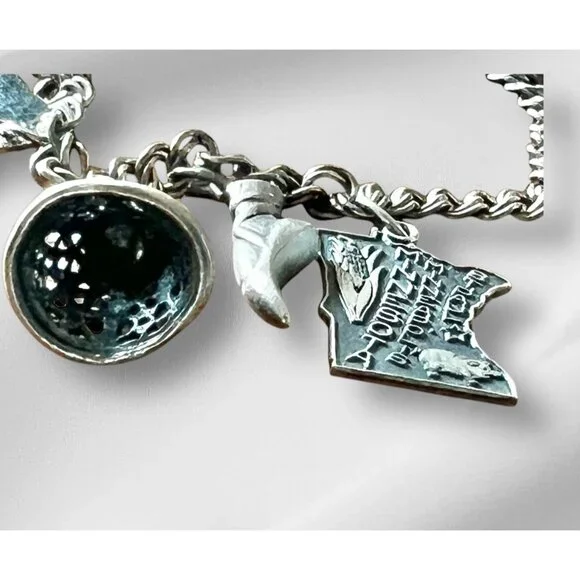 Sterling Silver Charm Bracelet W/ Pinecone Mug Clover & State Charms VTG 6.25” L - Picture 4 of 15